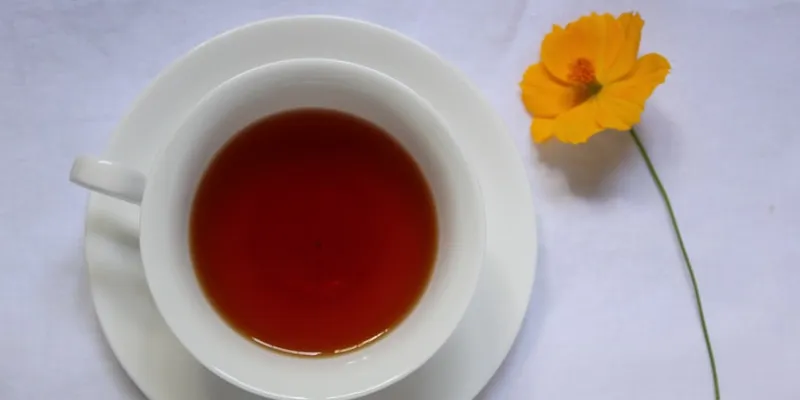 A cup of aromatic oolong tea beside a yellow flower